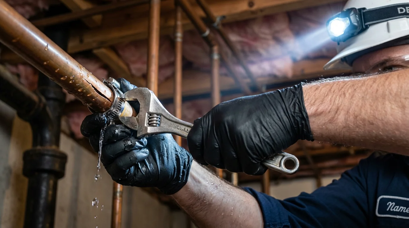 Emergency pipe clamp repair being performed by a Johns Plumbing LLC plumber in Verona