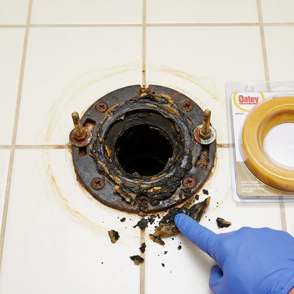 Failed wax ring showing water seepage at the base of a toilet in a Verona, WI home