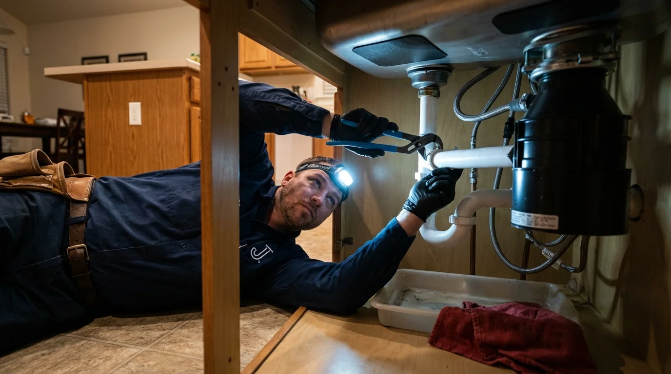 P-trap and supply line connections under a kitchen sink showing a common leak point in Verona, WI